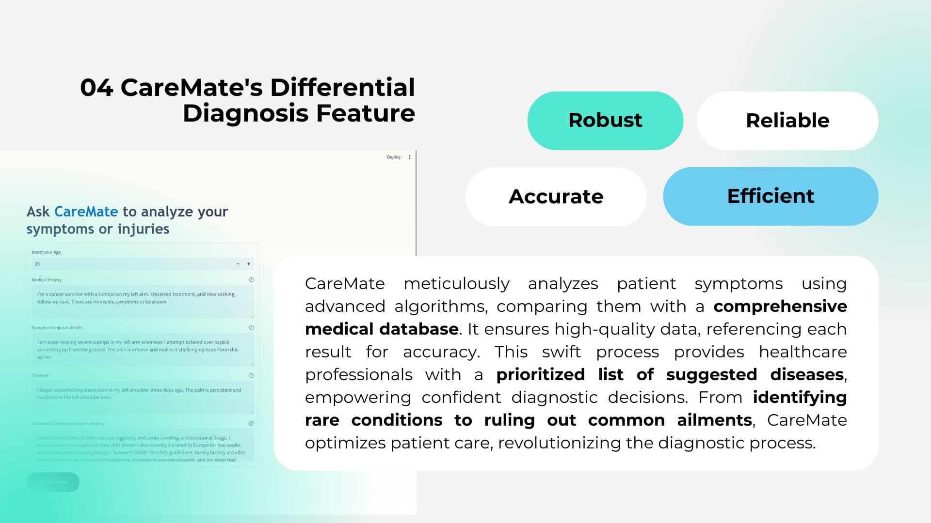 Differential diagnosis — structured patient input with medical history, symptoms, and timeline