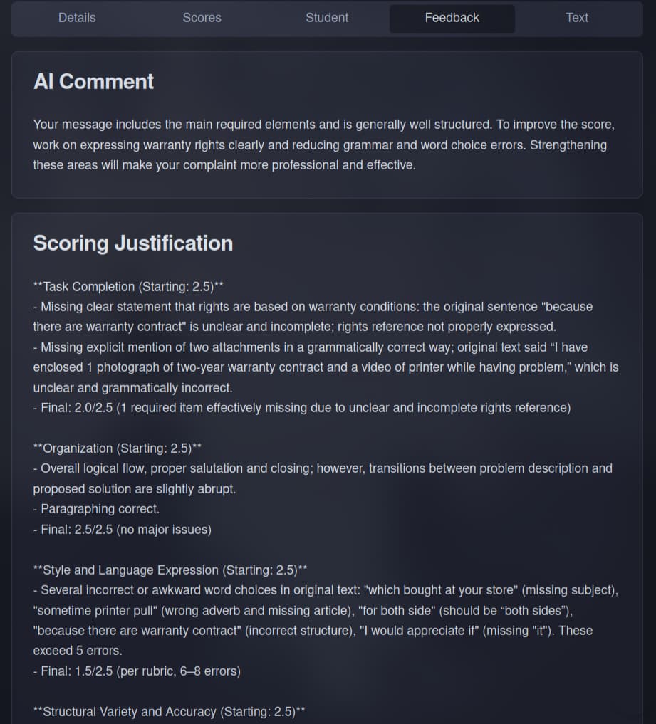 Feedback — AI-generated comment and per-criterion scoring justification