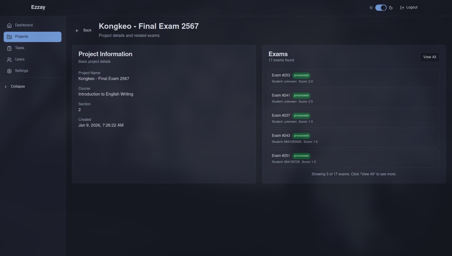 Project detail — exam list with processing status and score overview