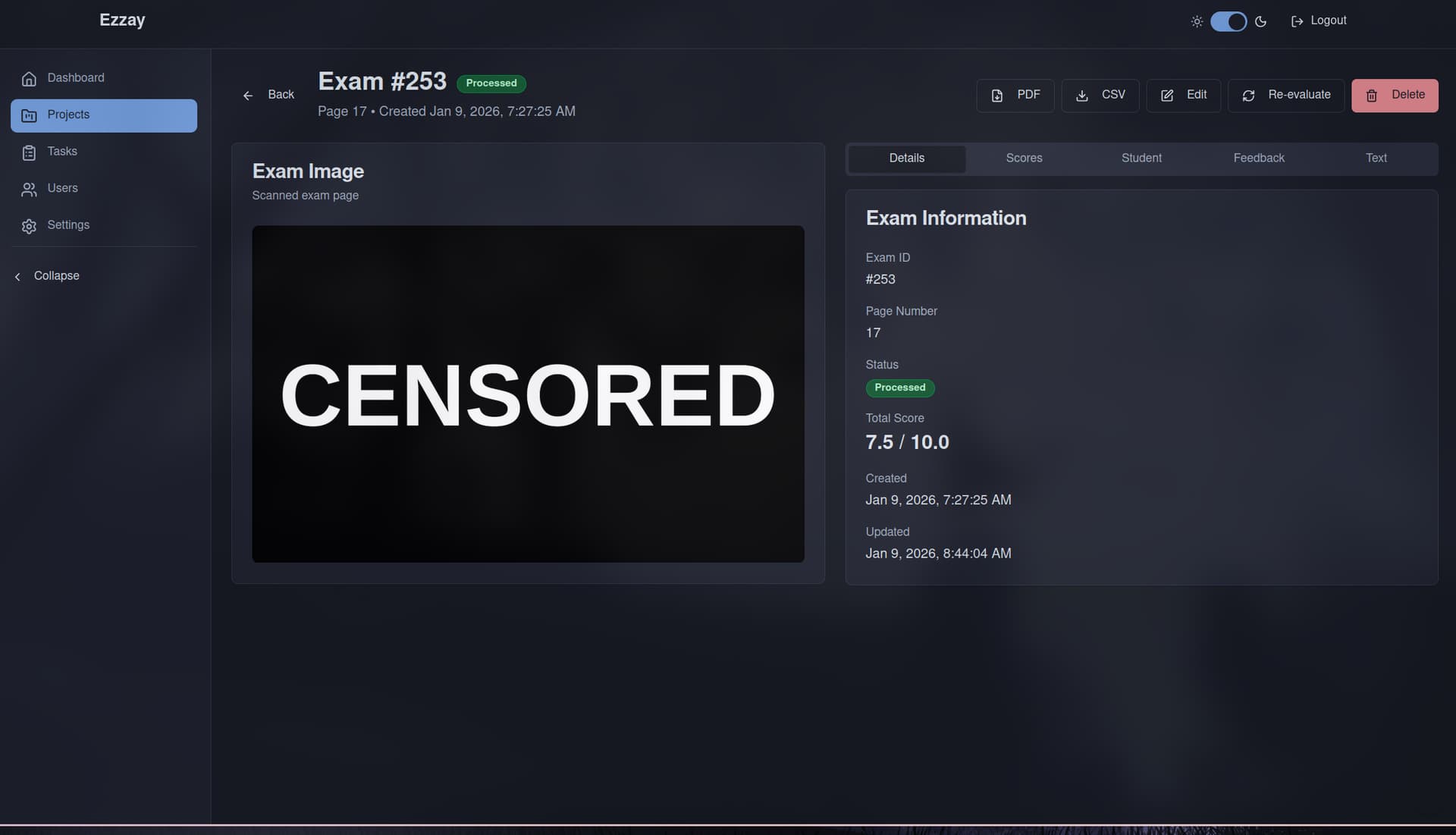Exam detail — scanned image with metadata, status, and total score