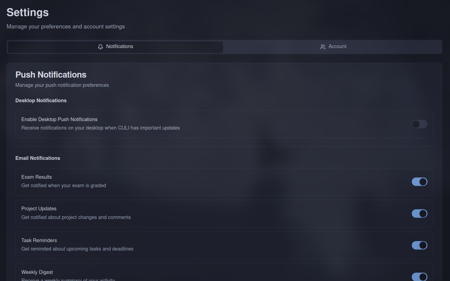 Settings — profile, notifications, and email preferences