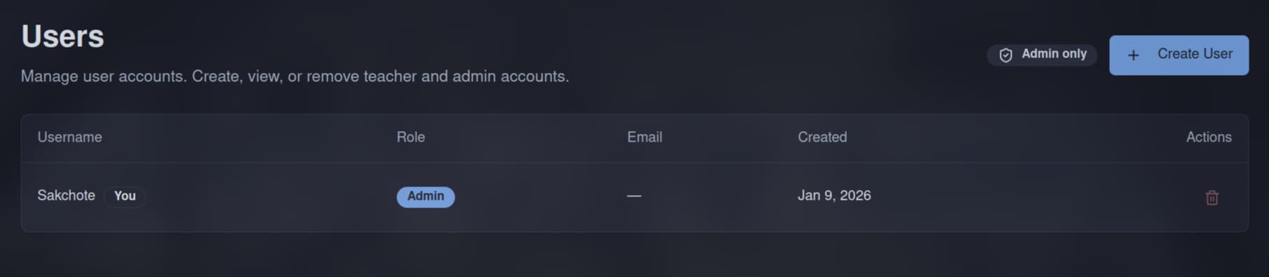 User management — admin-only account registration and role assignment