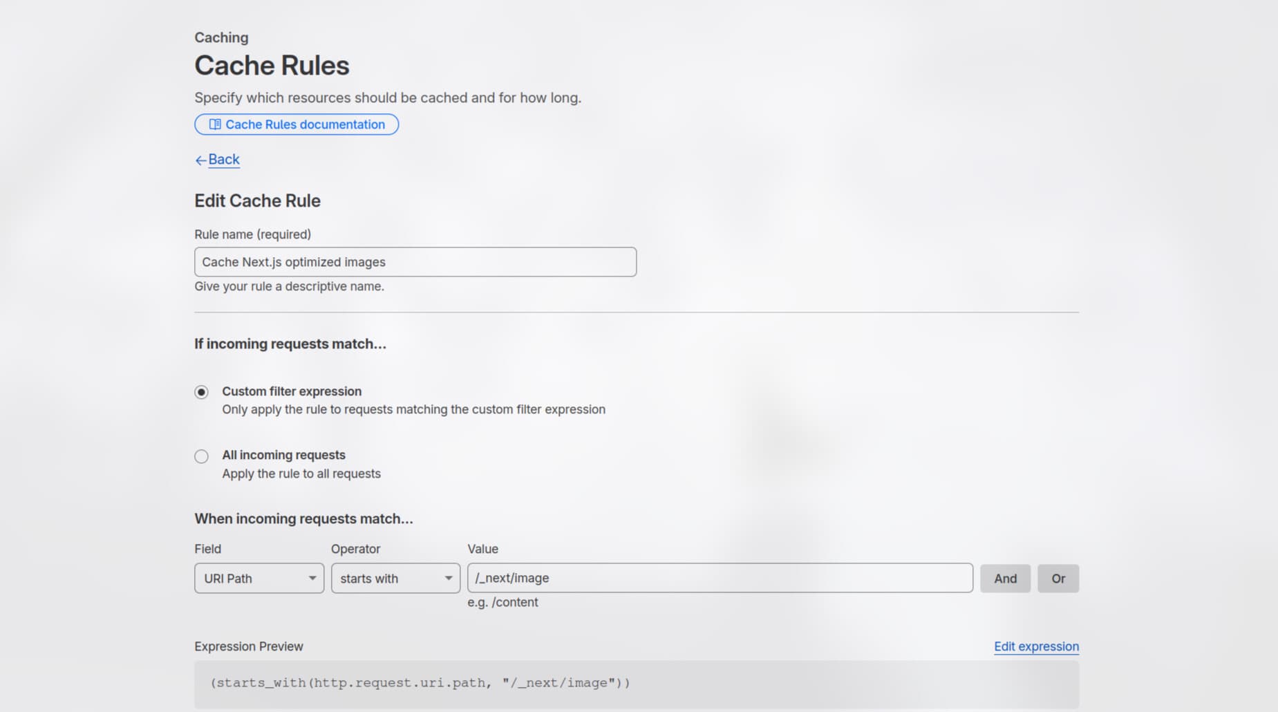 Cache Rule — custom filter expression matching /_next/image* requests