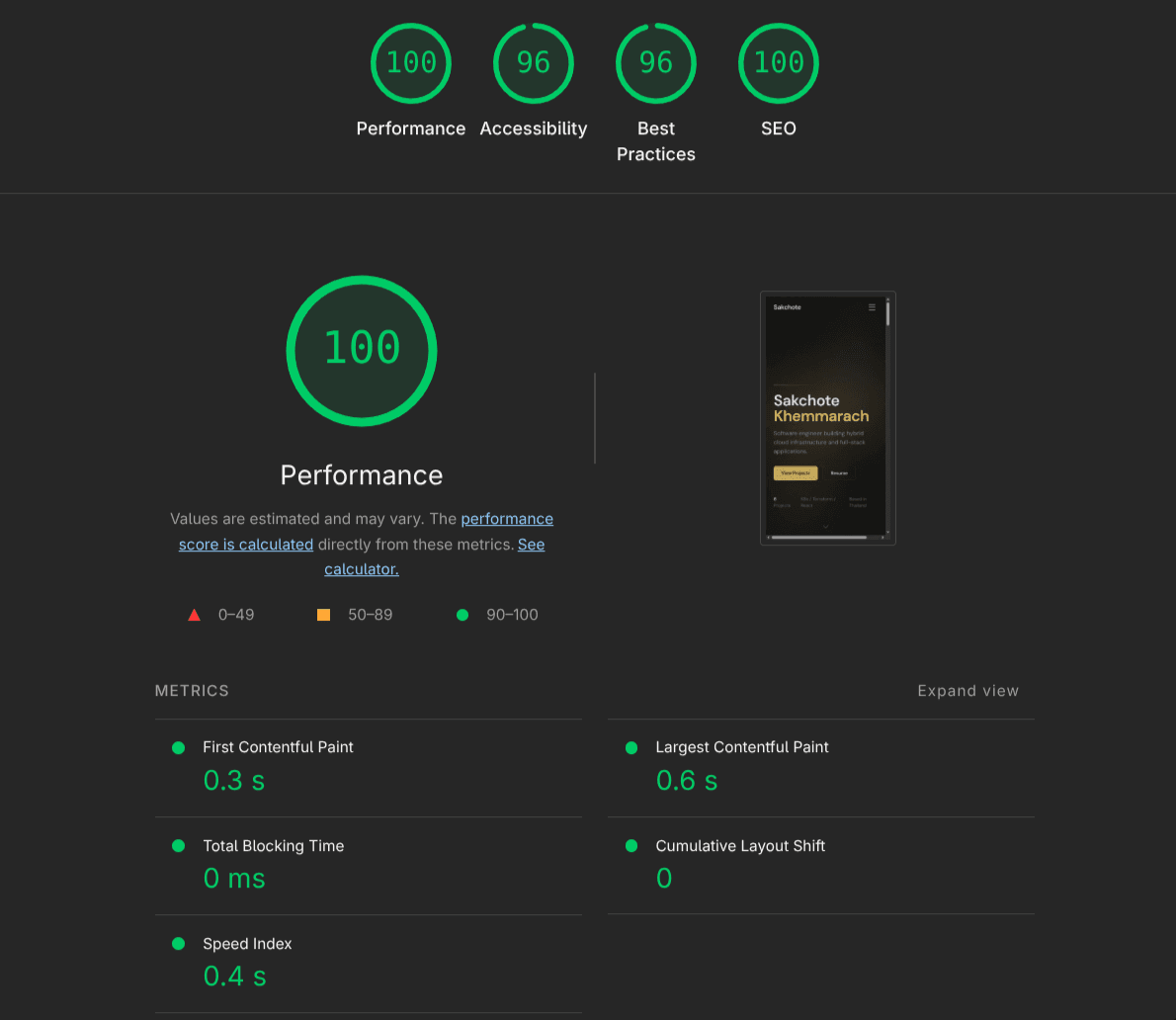Lighthouse audit — 100 Performance, 96 Accessibility, 96 Best Practices, 100 SEO. FCP 0.3s, LCP 0.6s, TBT 0ms, CLS 0.